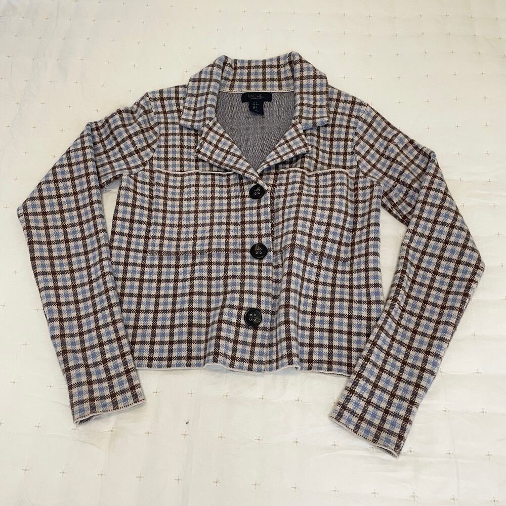 Rachel Rachel Roy Cardigan Jacket Women's S Brown Blue Checked Knit